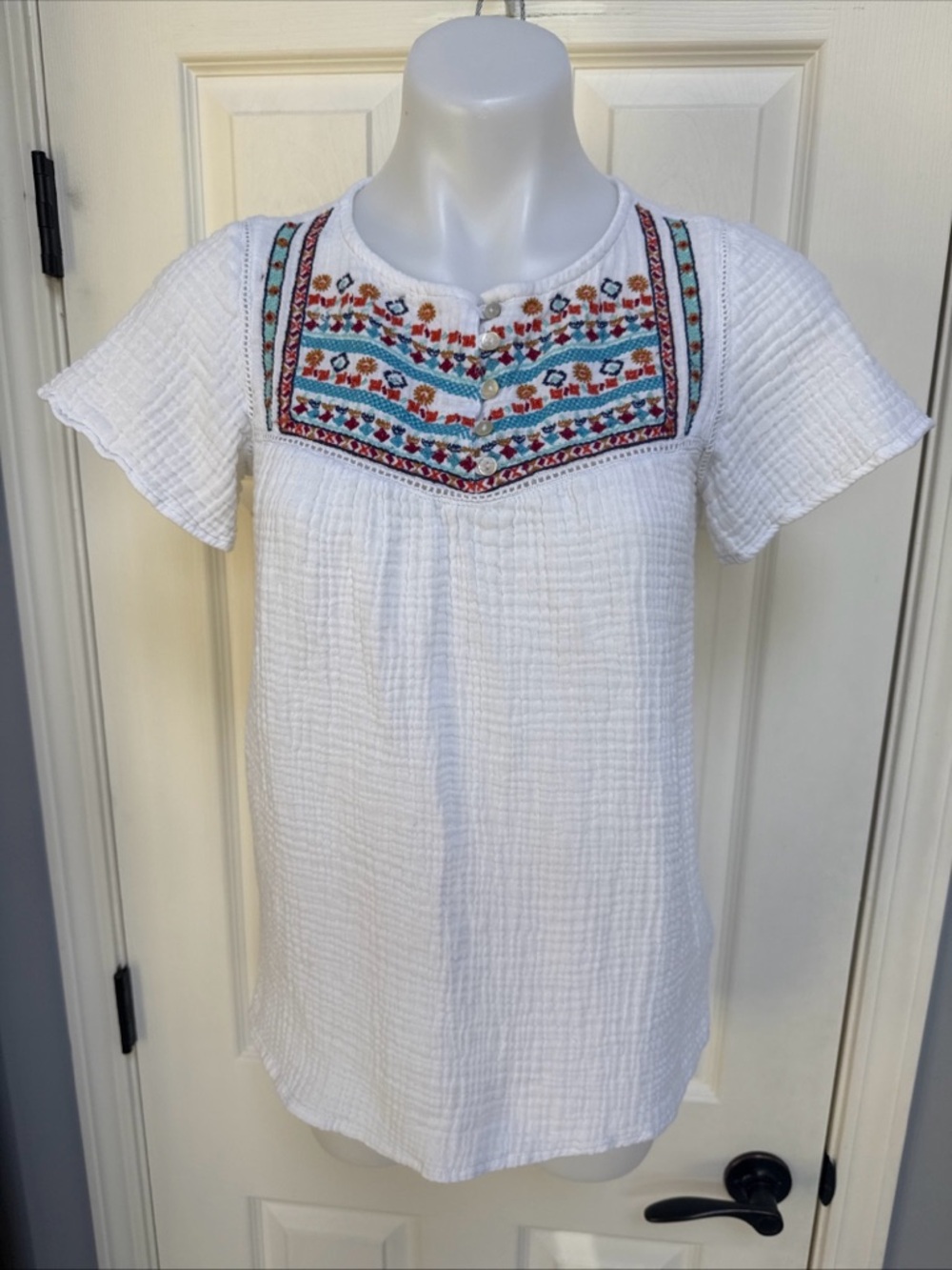 Beachlunchlounge Women White Western Embroidered Button Shirt Floral Boho sz XS